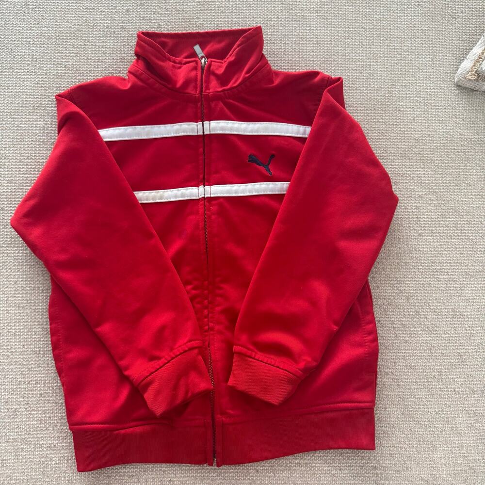 PUMA Boys Size 5 Red Track Jacket Sport Lifestyle Full Zip White Stripe Athletic